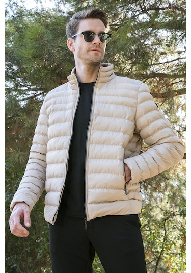 Buratti Dik Yaka Fermuarlı Cepli Slim Fit Şişme Erkek Mont 649002 Vizon