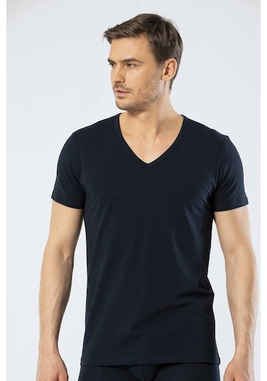 Cacharel Erkek Derin V Yaka Likralı Siyah T-shirt 001