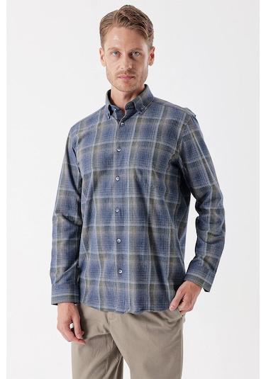 Koyu Lacivert Uzun Kollu Ekoseli Düğmeli Yaka Cepli Garnili Pamuklu Klasik Comfort Fit Gömlek 1004235143-koyu Lacivert Koyu Lacivert