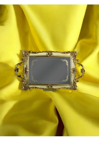 Polyester Dikdörtgen Epoksi Cam Tepsi - Gümüş Gümüş