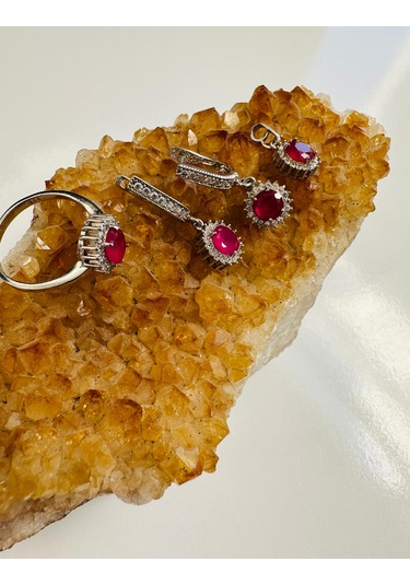 Gümüş Set Takım Pırlanta Görünümlü Kök Yakut Ve Zirkon Taşlı