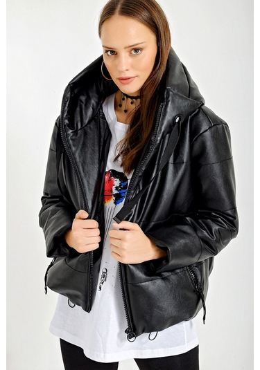 5114 Oversize Deri Mont - Siyah 001