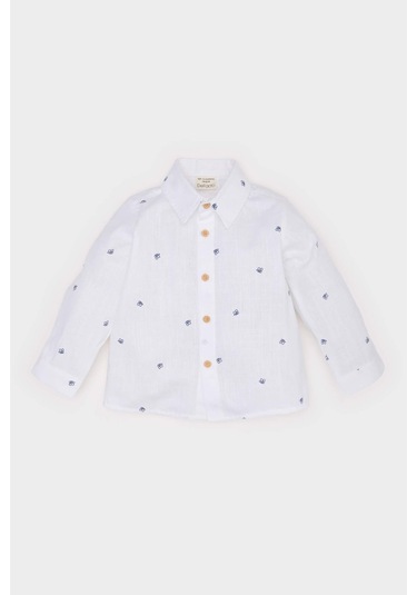 DeFacto Erkek Bebek Desenli Flamlı Poplin Uzun Kollu Gömlek E2022A525SPER85 Ekru