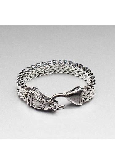 Novahub İskandinav Viking Kurt Kafası Paslanmaz Çelik Erkek Bileklik Hip Hop Kişiselleştirilmiş Çift Sıralı Bilezik 19cm Gümüş Gümüş