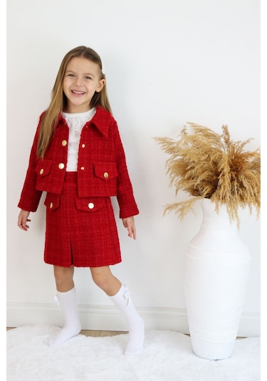 Kız Çocuk Carmen Kırmızı Tüvit Uzun Kollu Düğmeli Etek Ceket Takım Kırmızı