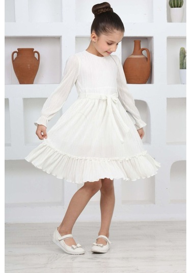 Kız Çocuk Örme Saten Çanta Detaylı Pliseli Astarlı Elbise KREM