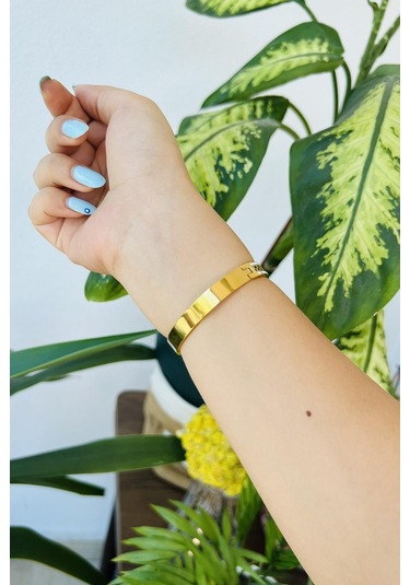 Allmisse Zirkon Taş Detaylı 316l Kalite Altın Kaplama Kararmaz Çelik Kelepçe Bileklik - Altın