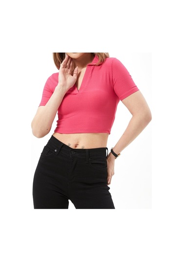 Kadın Fuşya Gömlek Yaka Crop Top