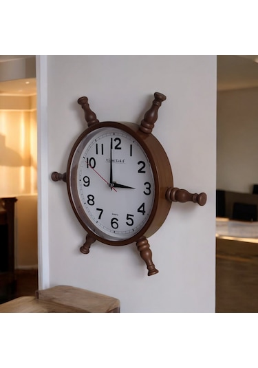 Nostaljik Eskitme Ahşap Gemici Dümen Duvar Saati Çap 35 Cm Eskitme
