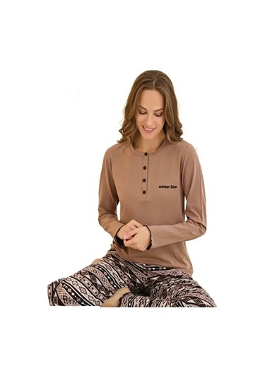 Mina Collection Kadın Pijama Takımı Uzun Kollu Yumuşak Dokulu E Kahve Rengı