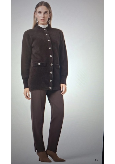 Nuss 7008 Sahte Cep Detay Düğmeli Angora Hırka - Kahve Kahverengi