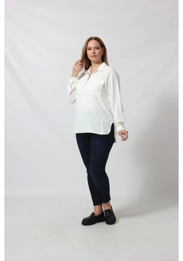 Moda Berray 3055 Yaka Fermuarlı Yandan Yırtmaçlı Gömlek Beyaz