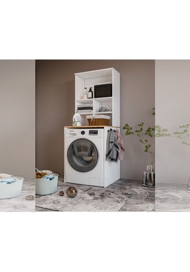 Bone 2 Kapaklı 7 Bölmeli Çamaşır Makinası Dolabı Beyaz