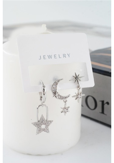 Kadın Vip Seri Zirkon Taşlı Ay Ve Yıldız Model 3'lü Küpe Seti Çok Renkli