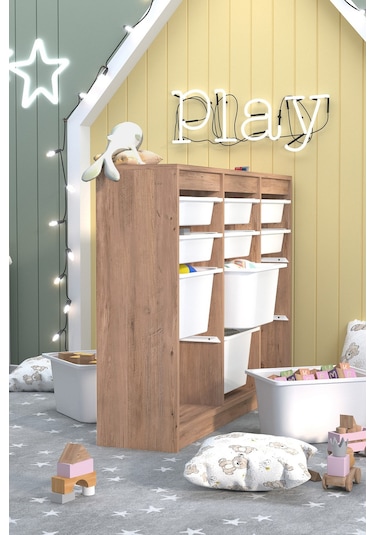 12 Sepetli Dolap Çok Amaçlı Dolap Oyuncak Dolabı Lara Çam Kahverengi