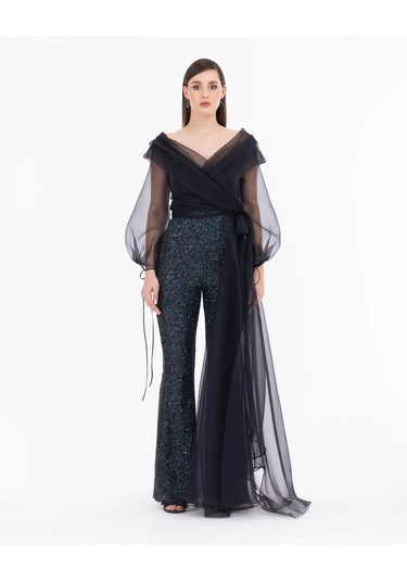 Straplez Yaka Payetli Abiye Tulum-siyah Siyah