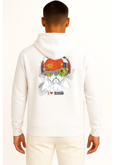 Kapüşonlu Funny Dog With Hat And Headphones Cep Ve Sırt Tasarımlı Unisex Sweatshirt Beyaz