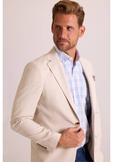 Erkek Bej Regular Fit Mono Yaka Keten Ceket 001