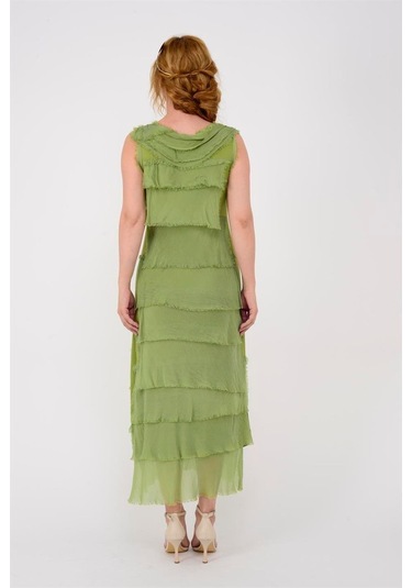 Italyan 2 Beden İnce Gösteren Kat Kat Kolsuz Ipek Elbise Fıstık Yeşili