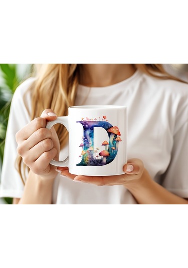 D Baş Harfi Fantastik Mantarlı Kupa Bardak - Kişiye Özel Masalsı Bardak - Hediye Beyaz