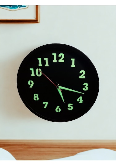 Fosforlu Gece Görünen Parlayan Siyah Duvar Saati Çap 22 Cm Camsız Siyah