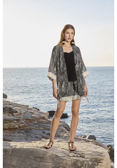 Monamise Kadın Çizgi Desenli Ve Dantelli 3'lü Alt Üst Takım 25009 Siyah