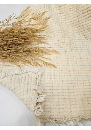 Krem 7 Katlı Çift Taraflı Dolgulu Çift Kişilik Müslin Battaniye %100 Pamuk 230x240 Cm Krem