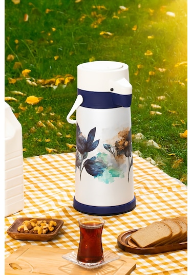 Porsima 161720-805 Çiçek Desenli Sıcak-soğuk İçecekler İçin Pompalı Termos 1.8lt Beyaz