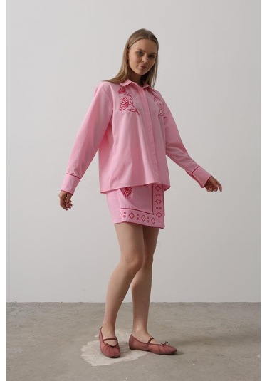 Nakış Detaylı Etekli Takım - Pembe Pembe