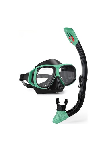 Profesyonel Şnorkel İki Parçalı Silikon Tam Kuru Şnorkel Büyük Çerçeve Sis Geçirmez Dalış Gözlüğü Seti Yeşil