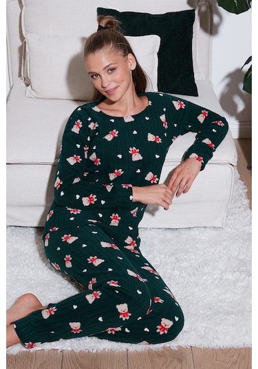 Lela Standart Fit Bisiklet Yaka Bayan Pijama Takımı 6093735 Yeşil