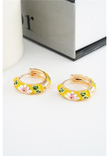 Kadın Özel Seri Mineli Çiçek Motifli Kararmaz 2 Cm Halka Küpe Seti - Sarı