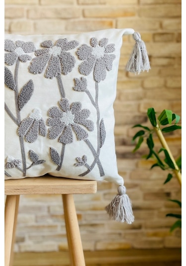 Swita Home Punch İşlemeli Tekli Dekoratif Papatya Desen Kırlent Kılıfı Panç Beyaz - Gri