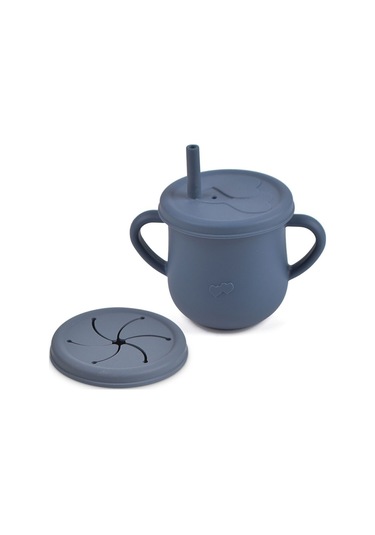 Jojobebek Silikon Vakumlu Kase, Silikon Çatal-kaşık, Silikon Pipetli Bardak, Çerez Kapağı, Önlük / Lacivert