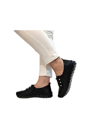 Voyager 9871 Siyah Hakiki Deri Boncuklu Bayan Ayakkabı Siyah