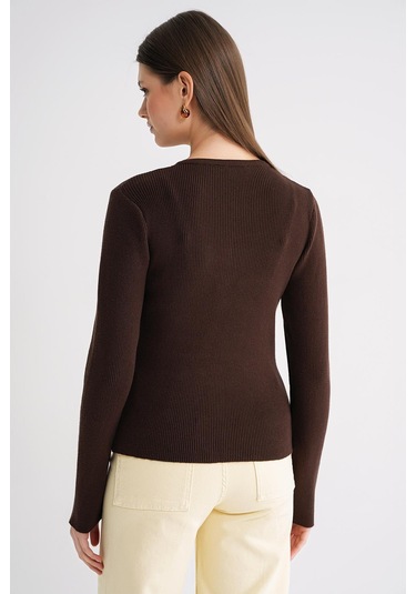 6931 Kadın Düğmeli Fitilli Triko Hırka Kahve Kahve