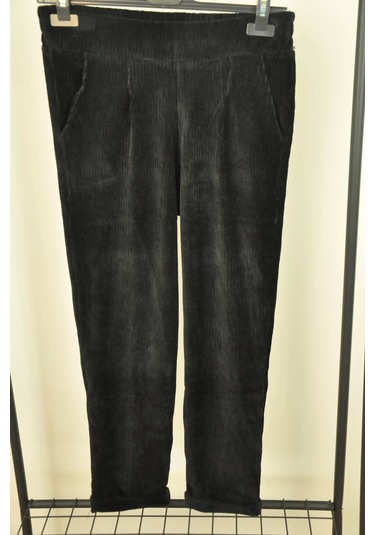 Normal Bel Fitilli Kadife Pantolon Siyah
