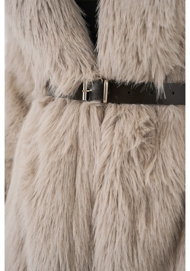 Kadın Kemerli Oversize Kürklü Kaban 9156 - Taş Taş