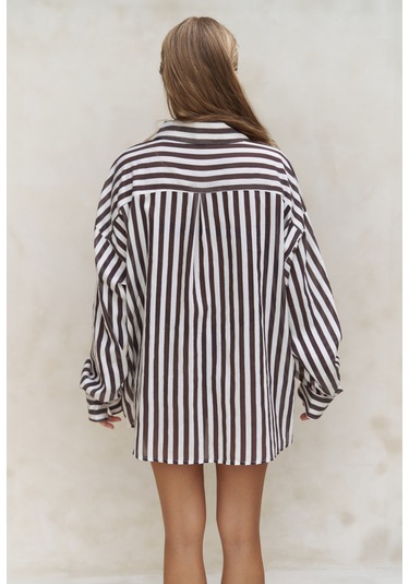 Rosy Transparan Çizgili Kahve Oversize Gömlek Kahve