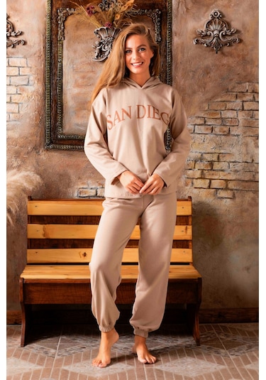 Mevsimlik Kapşonlu Kadın Eşofman Takımımı - Sportif Kadın Giyim Bej