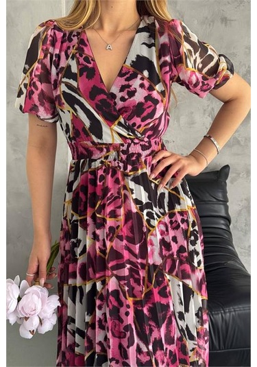 Neşeli Butik Kadın Fuşya Kruvaze Yaka Desenli Şifon Elbise Nbq001 Fuşya