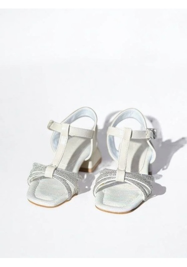 Kız Çocuk Deri Ortopedik Taşlı Topuklu Ayakkabı-15742 Ekru