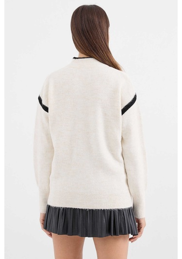 Gabria Fermuarlı Şeritli Kazak Ekru