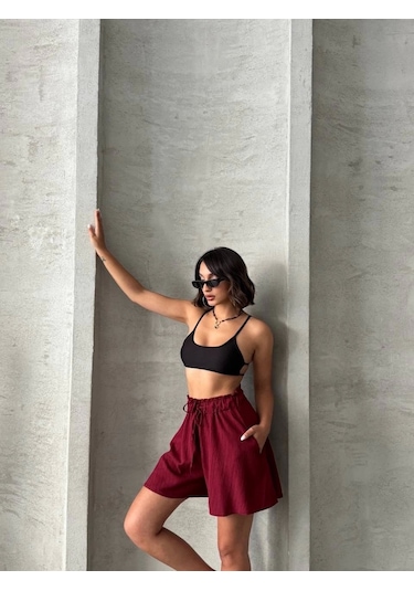 By Mop Volanlı Keten Şort Bordo S255058 Bordo