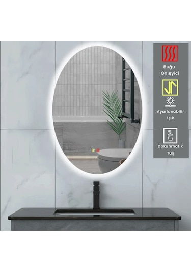 60x80 H Cm Buğu Çözücülü Dokunmatik Işıklı Ledli Elips Banyo Aynası Şeffaf
