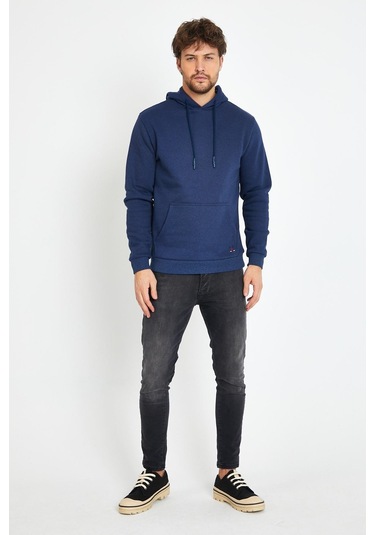Erkek Kapüşonlu Kanguru Cep 3 İplik Sweatshirt İndigo