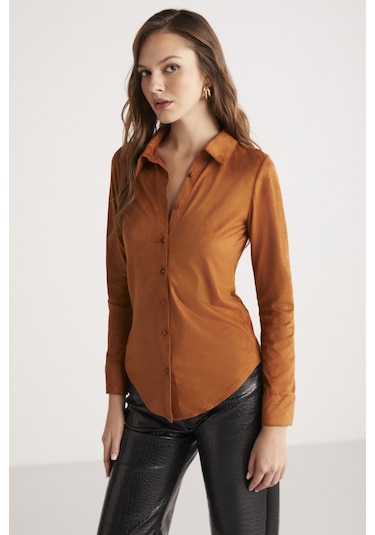 Ethıquet Peyton Kadın Slim Fit Dar Kesim Suni Süet Klasik Örme Taba Gömlek
