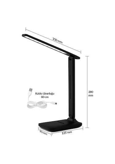Şarjlı Masa Lambası 3 Renk Dokunmatik Telefon Standlı Kademeli Çalışma Okuma Işığı Lambası 9w Siyah Siyah