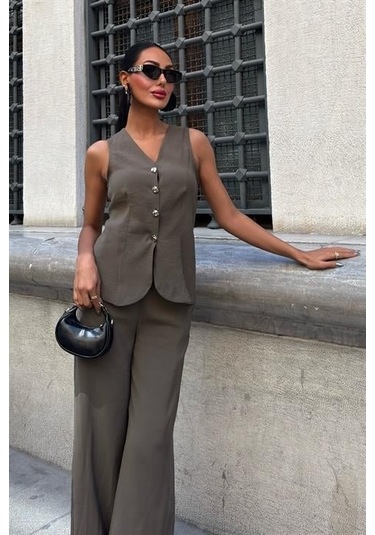 Arkası Bağcıklı Yelek Plazza Pantolon Modal Takım 10202-08 Haki