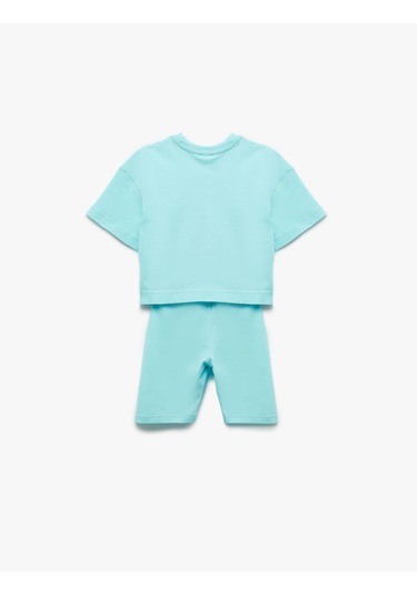 Koton Bisiklet Yaka Kısa Kollu Pamuklu Baskılı Tişört Ve Tayt Seti Turkuaz 5skg10148ak Turkuaz